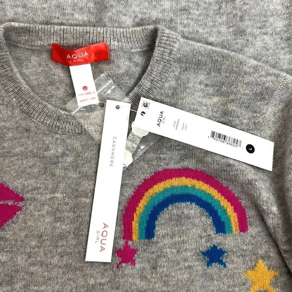 NWT New AQUA Girls Cashmere Crewneck Sweater Gray with Stars and Rainbow L